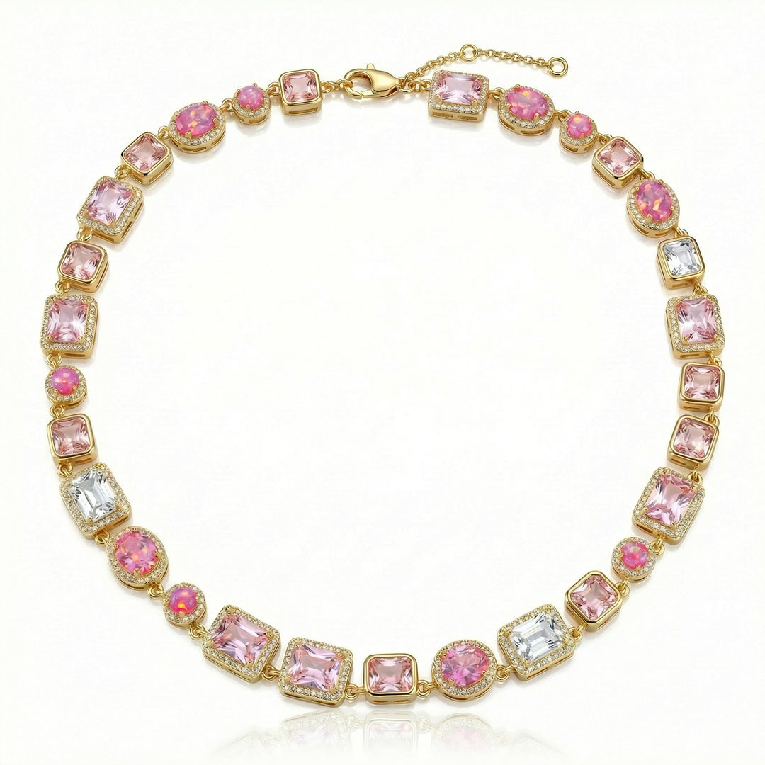 Necklace with pink and clear gemstones on a white background
