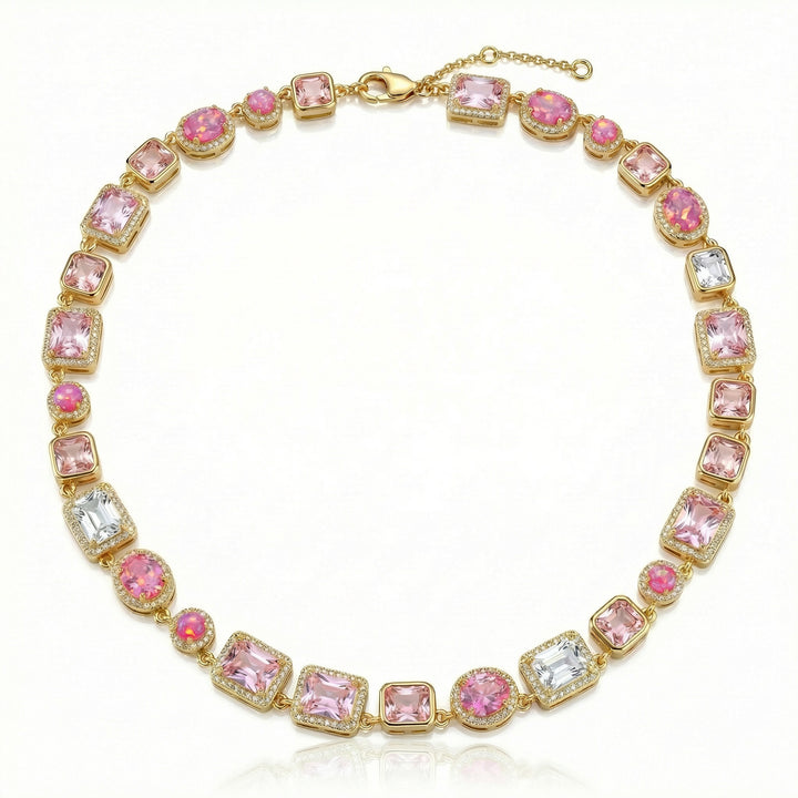 Necklace with pink and clear gemstones on a white background